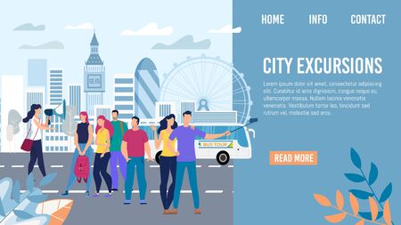 City Excursions, Bus Tour in Europe Travel Trendy Flat Vector Web Banner, Landing Page Template. Tourists Group Listening Tour Guide, Happy Couple Shooting Selfie Photo on Mobile Phone Illustrationのイラスト素材