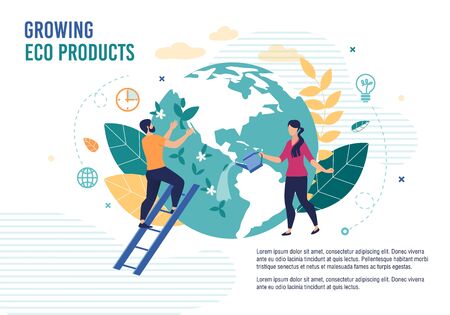 Growing Eco Products Healthy Food Metaphor Poster. Cartoon Huge Earth Green Planet. Man Gardeners and Woman Agronomists Characters Planting and Watering Plants. Vector Flat Motivation Illustrationのイラスト素材