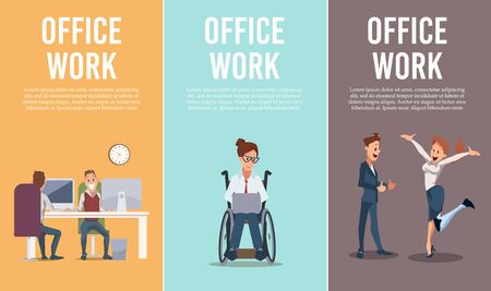 Businesspeople Office Work Trendy Flat Vector Vertical Banners, Posters Set. Company Employees Working on Computers, Woman in Wheelchair Using Laptop, Colleagues Celebrating Success Illustrationのイラスト素材