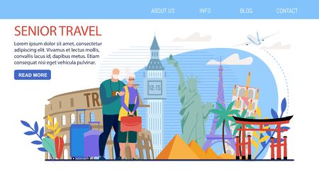 Travel Agency Tours for Traveling Senior People Trendy Flat Vector Web Banner, Landing Page Template. Elderly Couple, Senior Wife and Husband, Grandparents Visiting Touristic Attractions Illustrationのイラスト素材