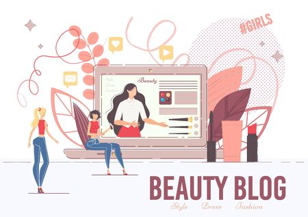 Beauty Blog. Young Woman Recording Video Tutorial Content, Creating Fashion Channel, Styling Vlog Production. Landing Page Design. Girls Followers and Inscribers Watching Cosmetics Presentationのイラスト素材