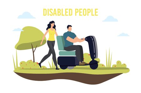 Disabled People Mobility and Transportation Trendy Flat Vector Banner, Poster Template. Paralyzed Man with Paraplegia, Handicapped Person with Disabilities Riding Electrical Scooter Illustrationのイラスト素材