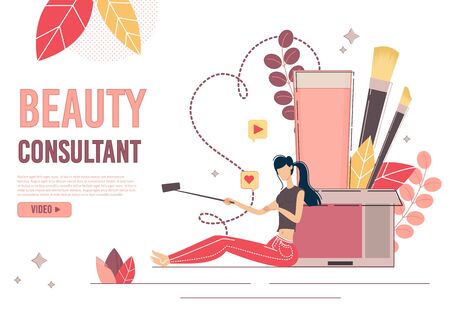 Beauty Blogger Consultant Landing Page Production. Young Woman Shooting Recording Sharing Cosmetics and Skincare Products Review on Mobile Phone. Social Media Network and Blogging. Followers Increaseのイラスト素材