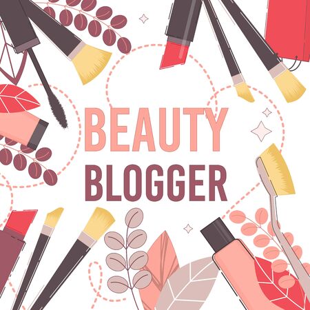 Beauty Blogger Lettering. Card, Poster Design. Sale Offer and Exclusive Discount Announcement. Social Media, Video Tutorials Presentation Cover. Lipstick, Sponge, Brush, Foundation, Mascaraのイラスト素材