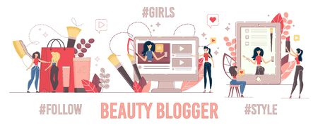 Women Fashion Beauty Blog Content Set. Latest Trend Makeup Cosmetics Product. Review and Tutorials. Online Consultation for Followers. Female Video Streamer and Customers.のイラスト素材