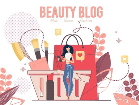 Young Woman Using Style Fashion Beauty Blog on Digital Mobile Tablet Device for Shopping. Cosmetics in Shopping Basket, Paper Bag. Dress Ordering, Purchasing, Delivery Online. Poster Designのイラスト素材