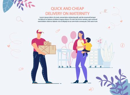 Quick Shopping and Cheap Delivery on Maternity. Online Service Advertisement. Buying Baby Goods and Preparing for Childbirth. Receiving Order in Time. Shipping Company. Mother with Newborn and Courierのイラスト素材