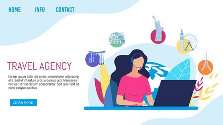 Travel Agency Clients Support, Call-Center or Helpline Service Trendy Flat Vector Web Banner, Landing Page Template. Company Manager, Helpdesk Worker in Headset Communicating with Clients Illustrationのイラスト素材