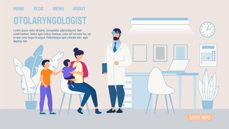 Otolaryngologist Online Service Trendy Flat Landing Page. Cartoon Mother with Children at ENT Doctor Appointment. Kids Medical Examination and Treatment Ear, Nose, Throat. Vector Illustrationのイラスト素材