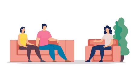 Family Therapy Trendy Flat Vector Concept. Married Couple, Wife and Husband Visiting Psychotherapy Counseling, Sitting on Coach at Therapy Session, Psychologist Talking with Patients Illustrationのイラスト素材