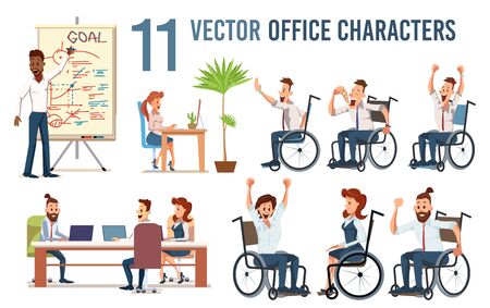 Disabled Office Workers, Employees Isolated Trendy Flat Vector Characters Set. Happy Men and Women Sitting in Wheelchair, Working at Meeting, Presenting Business Plan for Colleagues, Illustrationsのイラスト素材