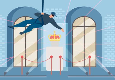 Master Thief in Mask Hanging on Rope Steals Precious Crown Being under Laser Rays Alarm at Historic Museum. Art Gallery Robbery and Burglary. Cultural Criminal Scene. Vector Illustrationのイラスト素材