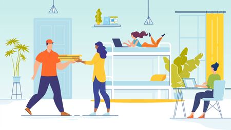 Fast Fresh Pizza Delivery Service. Man Courier Delivering Fast Food in Cardboard Pack to Student Hostel. Friends Pastime and Preparation for Exams. Online Snack Order. Vector Illustrationのイラスト素材