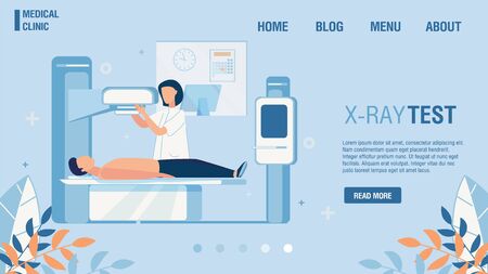 Medical Clinic Flat Landing Page Offer X-Ray Test. Online Fixing Appointment. Cartoon Doctor Examining Patient on Radiological Equipment. Radiology Room Interior Design. Vector Illustrationのイラスト素材