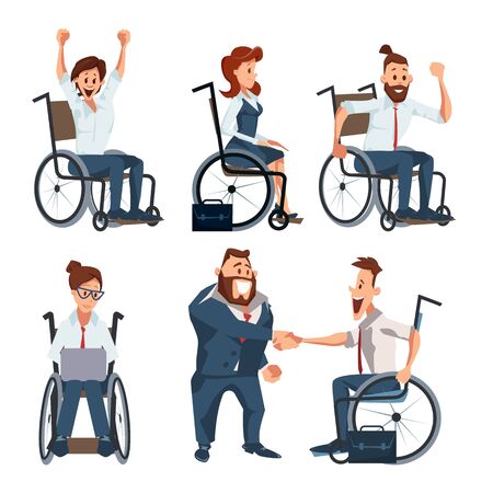 Disabled People Reaching Success in Business Career Trendy Flat Vector Character Set Isolated on White Background. Happy Businesspeople Working on Laptop, Taking Congratulation from Boss Illustrationのイラスト素材