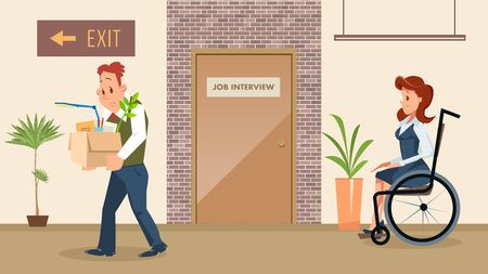 Disabled People Employment Equal Rights and Opportunities Trendy Flat Vector Concept. Woman with Disabilities Waiting for Job Interview, Sad Male Employee Leaving Office After Dismissal Illustrationのイラスト素材