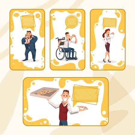 Pizzeria, Fast Food Cafe Delivery Service Trendy Flat Vector Banners, Posters Templates Set. Happy Businesspeople, Female, Male Company Employees, Disabled Office Workers Eating Pizza Illustrationのイラスト素材