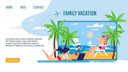 Happy Family Characters on Tropical Vacation Landing Page. Best Tour for Parents and Kids at Seaside. Mother, Father and Daughter Enjoying Rest on Beach. Summer Holidays. Vector Illustrationのイラスト素材