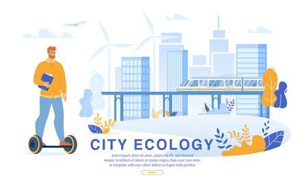 Businessman Riding Self-Balanced Hover board to Work or Business Training. Futuristic Eco-Friendly City with Electric Railway Train on Magnetic Pad. Air and Health Safe Ecological Transportationのイラスト素材