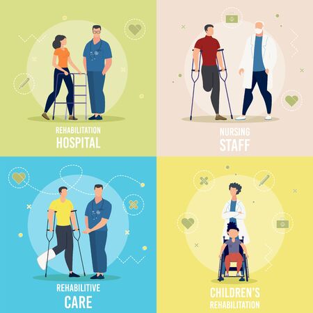 Medical Care, Nursing Service, Childrens Rehabilitation in Hospital Trendy Flat Vector Square Concepts Set. Female, Male Doctor, Nurse Assisting Injured Patient, Helping Disables Person Illustrationのイラスト素材