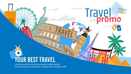 Travel Agency, Touristic Routes and Tours, Booking Service Trendy Flat Vector Advertising Banner, Promo Poster Template. European and American Cities Architectural, Historical Attractions Illustrationのイラスト素材