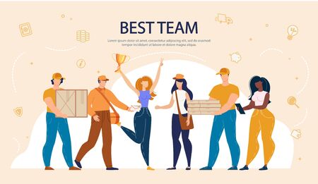 Diverse Multiracial Best Team Lettering Banner. Online Purchased Food, Goods Delivery Service. Man and Woman Working at Moving Company. Lady with Gold Reward, Happy Employees with Packagesのイラスト素材