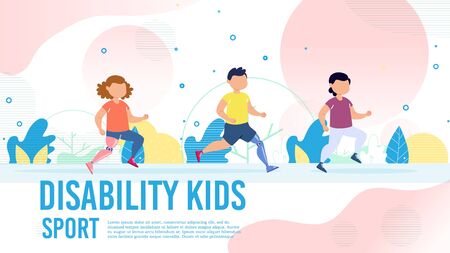 Disabled Children Physical Rehabilitation with Sport Activities Trendy Flat Vector Banner, Poster Template. Little Boy and Girl with Robotized Leg Prosthesis Running Together in Park Illustrationのイラスト素材