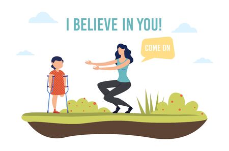 Disabled Child Family Support, Care Trendy Flat Vector Banner, Poster Template. Little Girl with Disability, Child on Crutches Walking with Mother in Park, Parent Helping Injured Daughter Illustrationのイラスト素材