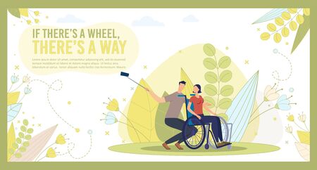 Disabled People Optimistic Life Position, Active Social Life Trendy Flat Vector Banner, Poster Template. Paralyzed Woman, Disabled Wife Spending Time, Resting, Making Selfie with Husband Illustrationのイラスト素材
