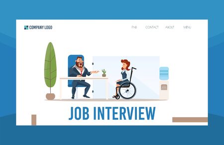 Disabled People Job Search, Employment Support, Counseling Service Trendy Flat Vector Web Banner, Landing Page. Businessman, HR Manager Conducting Job Interview with Woman in Wheelchair Illustrationのイラスト素材