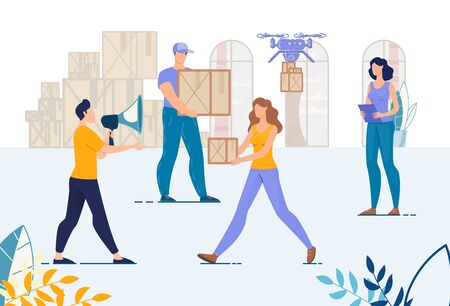 Warehouse and Loaders, Movers Team. Man Manager with Megaphone Controlling Loading. Logistic Working Process. Storeroom Technology Work. Aircraft Drone Delivery Service. Cargo Company Staffのイラスト素材