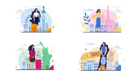 Travel Set. Woman Character Vector Scene. Business Trip, Summer Vacation, Journey on Holidays, World Landmarks Exploration. Female Student, Businesswoman, Young Lady with Luggage Illustrationのイラスト素材