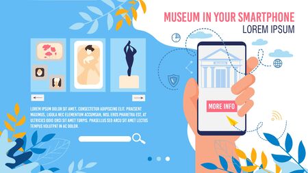 Virtual Museum in Smartphone Application Webpage Mockup. Art Gallery Mobile App. Classic and Ancient Paintings, Statues Digital Collection. Human Hand Holding Phone. Vector illustrationのイラスト素材