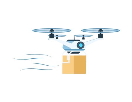 Modern Delivery Air Drone Flying with Package Box. Fast Future Transportation Technology. Factory Warehouse Shipping Device for Mail, Parcel or Goods. Flat Cartoon Vector Illustrationのイラスト素材