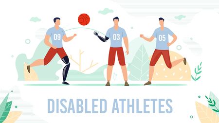Disabled Athlete Trendy Flat Vector Banner, Poster Template. Injured Sportsman, Basketball Team Player with Hand, Leg Amputations Playing Ball and Running with Modern Robotic Prosthesis Illustrationのイラスト素材