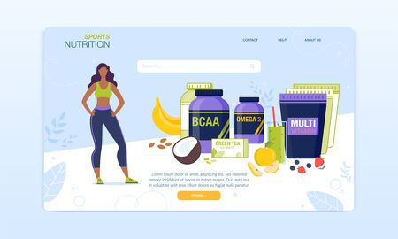 Sport Nutrition Complex for Women Landing Page. Vitamins and Minerals Supplements Assortment Online Order and Delivery Service. Green Tea, Smoothie, Powder, Pills. Vector Sports Food Illustrationのイラスト素材