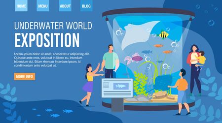 Landing Page Inviting Visit Underwater World Exposition. Invitation to Event Aquarium Family Weekends. Parents with Kids Enjoy Watching Exhibits. Recreation at Oceanarium. Vector Illustrationのイラスト素材