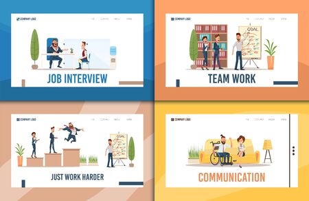 Recruiting Agency, Investments Startup, Business Courses, Disabled People Communication Trendy Flat Vector Web Banners, Landing Pages Set. Working Businesspeople, Employee in Wheelchair Illustrationのイラスト素材
