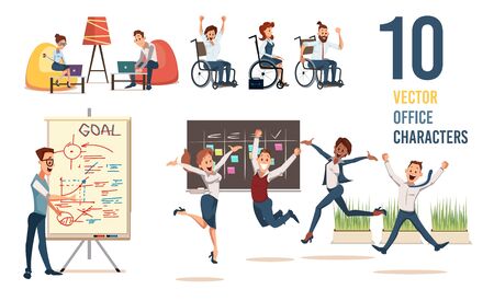 Office Workers, Business Team Members, Successful Entrepreneurs Trendy Flat Vector Characters Set Isolated on White Background. Employees Working in Co-Work Space, Celebrating Success Illustrationsのイラスト素材