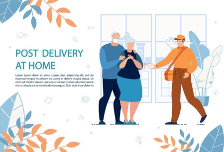 Post Delivery at Home Advertising Banner. Postman Giving Letter Mail in Paper Envelop to Elderly Married Couple Addressee. Correspondence Transportation Male Courier. Flat Apartment Interiorのイラスト素材