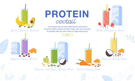 Protein Cocktails Assortment Advertising Banner. Sport Nutrition Order Delivery Service. Sweet Milk Shake with Fruits, Vegetables, Nuts, Honey. Fresh Smoothie Glass Cup Menu Set. Vector Illustrationのイラスト素材