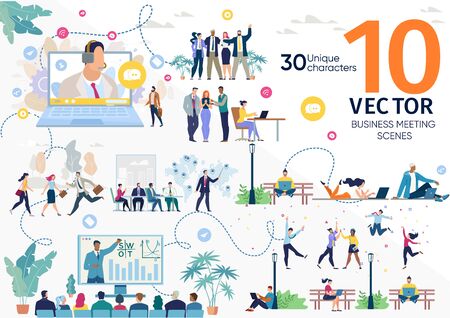Business Company Team, Freelancers Life Scenes, Office Workers Work Situations, Client Support, Investors Meeting, Project Presentation, Business Seminar Concepts Trendy Flat Vector Illustrations Setのイラスト素材