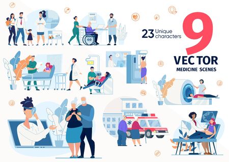 Medical Help, Hospital or Clinic Services for Families, Pregnant Women, Senior People Trendy Flat Vector Scenes, Concepts Set. Family Doctor Appointment, MRI and Ultrasonic Screening Illustrationsのイラスト素材
