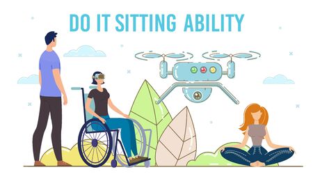 Digital Technologies, Modern Gadgets and Devices for Disabled People Trendy Flat Vector Concept. Disabled Woman, Injured Lady in Wheelchair Using VR Headset to Controlling Flying Drone Illustrationのイラスト素材