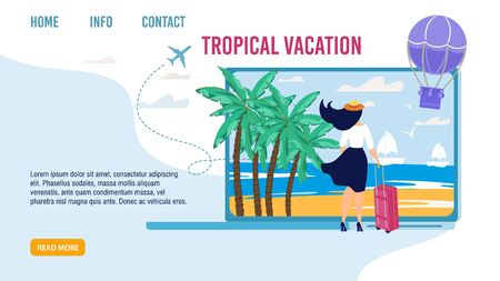 Landing Page for Choosing Best Tropical Vacation. Woman Standing with Luggage Bag and Looking forward Seaside. Sailboats, Palms, Flying Air Hot Balloon Design. Tour Agency. Vector Illustrationのイラスト素材