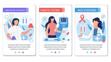 Social Media Landing Page Set for Diabetes Control. Laboratory Research, Testing and Aids Screening. Cartoon Doctors and Patients Characters. Medical Equipment for Healthcare. Vector Flat Illustrationのイラスト素材