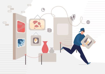 History Museum Man Thief Stealing Picture Crime Scene. Art Gallery Interior. Male Robber Character in Mask Running Away with Stolen Famous Historical Figure Portrait Artwork. Vector Illustrationのイラスト素材