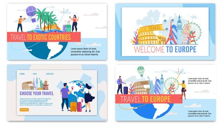 Landing Pages, Banners Set Offer Travel Tour to Europe and Exotic Country. Travelling All over World. Happy Tourists with Luggage Choosing Best Tour, Holiday Journey. Vector Illustrationのイラスト素材