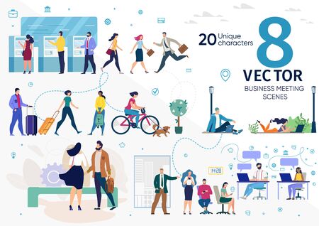 City Citizens, Company Employees, Freelancers or Students Life Scenes, Work Situations, Distance Work, Social Networks Addiction, Office Work, City Travel Concepts Trendy Flat Vector Illustrations Setのイラスト素材