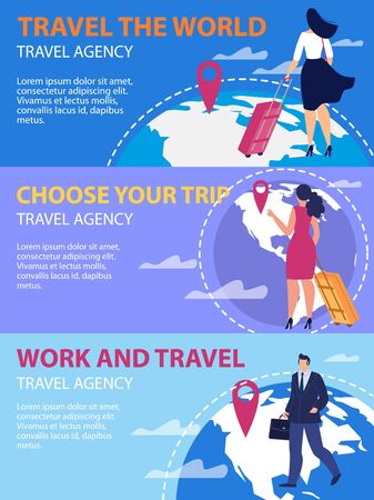 Travel The World, Choose Trip Destination, Work and Travel Trendy Flat Vector Advertising Banners, Promo Posters Templates Set. Traveling with Luggage Women, Businessmen Going on Journey Illustrationのイラスト素材